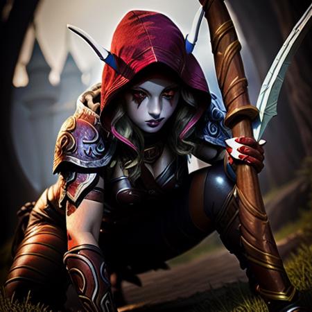 <lora:SylvanasWindrunner-000012:0.5> a full body painting of sylvanas windrunner crouching, girl archer, red eyes, female face