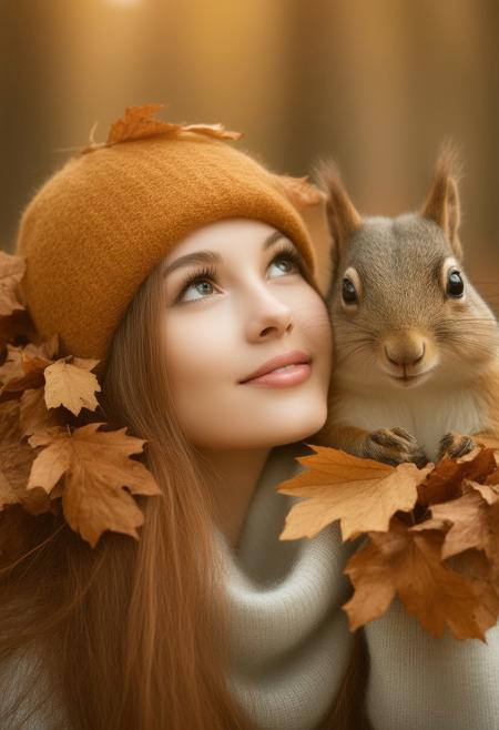 Medium shot of a captivating young woman with subtle, integrated squirrel-like features: large, dark, intelligent eyes holding a woodland alertness, and soft brown fur lightly texturing her forearms and temples. Human face prominent, head tilted forward, looking up alluringly under eyelids, knowing smile. Autumnal forest clearing, dappled sunlight. Alphonse Mucha Art Nouveau illustration. Warm earthy tones, golds. Enchanting mood from soft light contrasting sharp gaze. Textured leaves in soft-focus foreground.