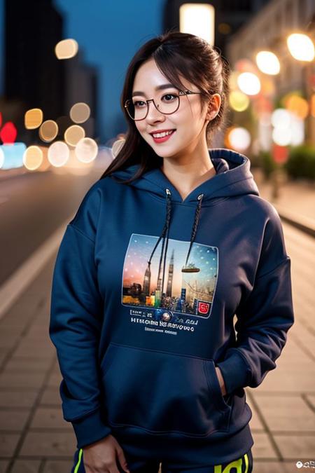 (8k, RAW photo, best quality, masterpiece:1.2), (realistic, photo-realistic:1.37), best quality, ultra high res, photon mapping, radiosity, physically-based rendering, 1girl, ((glasses)), ((hoodie)), ((sweatpants)), naughty face, cute, (laughing), (happy), (Kpop idol), (aegyo sal:1), ((puffy eyes)), looking at viewer, posing, (full body), large breasts, busty, large butt, cityscape, night, (bokeh:1.4), <lora:koreanDollLikeness_v10:0.5>, ((wink)), ((hair blown by air)),
