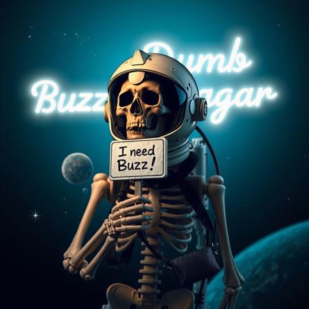 masterpiece, intricate photo realistic photo, realistic outer space skull astronaut in astronaut suite with helmet and transparent visor holding in the skeleton hand a small white sign on which is written "I need Buzz!", background outer space, stars, galaxies, nebulae, in the sky is written in neon letters "Dumb Buzz Beggar", as realistic as possible, hyper realistic, highly detailed, sharp focus, dusk and dawn of technology, dark art, gothic art, cyberpunk style, best quality, high resolution, colorful, vibrant colors, studio lighting, high quality image, no wrong proportions, 8K