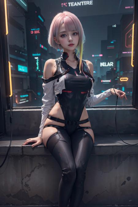 realistic, realistic details, detailed, (((1 girl, xlcb, cosplay, lucy (cyberpunk), short hair, bangs, medium breast, cleavage, multicolored hair, highleg leotard, cyborg, cropped jacket, open jacket, shorts, thigh high, perspective, blurry background, depth of field, sharp focus, focus on face, full body, sitting, looking at viewer, cyberpunk, night, futuristic interior, neon light)))   (ulzzang-6500-v1.1:0.3) <lora:D_cuteKoreanGirlLora_cuteKoreanGirlLora:0.2> <lora:A_Cyberpunk_Lucy:0.85>