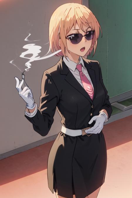 best quality, masterpiece, highres, solo, {black business suit:1.40}, {tie:1.20}, {sunglasses:1.25}, {white gloves:1.15}, {white shirt:1.10}, {black skirt:1.15}, {smoking:1.20}, handsome, {oshieda_atsuko_ahogirl:1.15}, short_hair, blonde_hair, purple_eyes, parody, open_mouth, blush