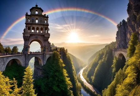 towers ringed in mist, sunrays, mixed media, surrealism, fantasy, great lighting, vibrant colors, dramatic perspective, A surreal landscape highly detailed, extremely high-resolution details, appears trapped in an optical illusion of reflections and refractions colorful, Zhangjiajie mountains,  Vienna in contemporary Austria, stone bridges, winding rivers extending to the horizon, professional photography, natural lighting, volumetric lighting maximalist. vivid, vibrant colors, intricately detailed, complex, elegant, expansive, fantastical, film photography style, medium grain, cmnt
 (8k uhd:1,4)