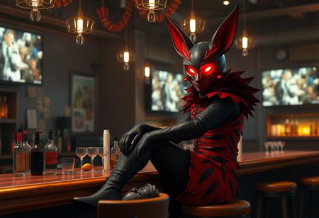 Cinematic 4K Octane render, trending on Artstation: Mysterious evil figure in striking red & black fox costume w/ black mask & glowing red eyes, seated on wooden stool at bar counter. Bottles, glasses, TV wall. Festive, captivating lighting, intricate costume, detailed eyes. Impeccable composition, contemporary aesthetics, golden ratio.