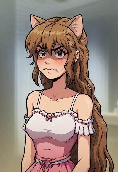<lora:Akabur:0.95>, Akaburstyle, BREAK, score_9, score_8_up, score_7_up, score_6_up, score_5_up, score_4_up, source_western, uncensored, (detailed light:1.1), perfect lighting, vibrant colors, BREAK, 18 year old girl, narrow waist, wide hips,long hair, animal on head, wavy mouth, on head, cat, solo, animal, cat on head, looking at viewer, sweat, blush, collarbone, upper body, shaded face, bare shoulders, v-shaped eyebrows, camisole, blurry, turn pale, sweatdrop, blurry background, closed mouth, very long hair, bangs, frustrated, aisaka_taiga, brown hair, aisaka taiga, brown eyes, hair between eyes