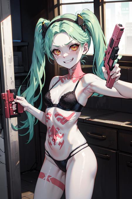 masterpiece, best quality, highres, 1girl, rebecca \(cyberpunk\), solo, twintails, hairband, mechanical eye, colored sclera, red sclera, colored skin, white skin, leg tattoo, neck tattoo, green hair, long hair, small breasts, black bra, thong, fang, red pupils, skin fang, red eyes, sleeveless, <lora:rebecca_v1:0.6>, indoors, standing, cowboy shot, reaching out, holding gun, evil grin,