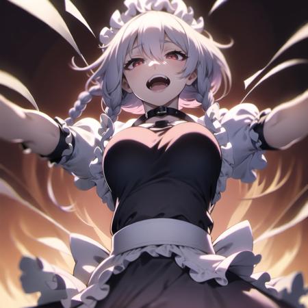 1girl, solo, breasts, looking at viewer, open mouth, close-up, imminent vore, short hair, bangs, simple background, black background, shirt, red glowing eyes, half-closed eyes, dress, hair between eyes, medium breasts, braid, white hair, short sleeves, from below, cowboy shot, frills, outstretched arms, upper body, choker, black gloves, puffy sleeves, belt, fingerless gloves, nail polish, apron, (black dress), twin braids, puffy short sleeves, fingernails, wrist cuffs, maid, maid headdress, red nails, buckle, maid apron, frilled apron, black belt, alternate color, harness, izayoi sakuya, pov, <lora:bigMouthsVore_bigMouthsV1:0.1>