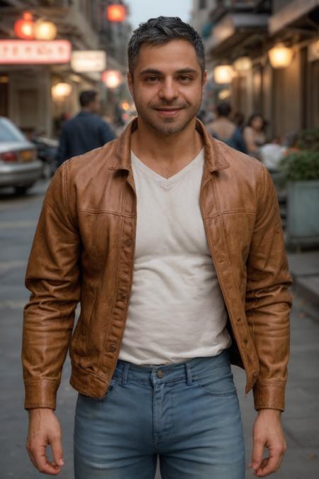 SatyaBhabha, photo of a rugged man wearing leather jacket and jeans and white t-shirt walking down the street, smile, soft focus, photo by mark henderson, cinematic, natural lighting, muted colors, night, bokeh, face portrait, (extreme close up:1), urban, beard, dynamic pose, muscular, fog, red and blue neon city lights, alley, realistic, masterpiece, intricate details, detailed background, depth of field <lora:SatyaBhabhaLora:1>