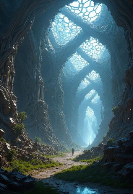 steel-vine monastery with nanite-swarm light sources, Industrial carbon-fiber grids, diamond-ice galleries in crystal-mesa badlands, Psionic mind-hive hives style,Landscape Biomechanical Baroque, atmospheric effects