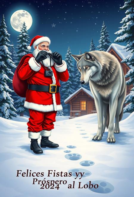 A photorealistic Realistic image. In the center, Santa Claus, dressed in his traditional red suit with white trim, is standing looking through binoculars and has a good telephoto camera hanging,around his neck.
. To his right, a large, furry, gray and white wolf leans forward and also looks at his paw prints. The background is a snowy forest scene with tall snow-covered evergreen trees and a cozy wooden cabin with a lighted window visible through the trees. The sky is a deep blue with a full moon and stars, and snowflakes are falling gently.. The text at the bottom says "Felices Fiestas y Próspero 2024 al Lobo ." The illustration is detailed and vibrant, capturing the festive spirit of the Christmas season.