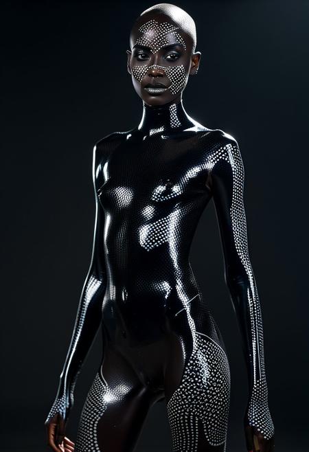 (realistic analog style sharp focus 8k raw photo with dramatic lighting and high quality:1.1), Professional artwork of cyborg humanoid female, Sudanese, black face paint, black body paint, bald, ((glass body skin)), ((flat chested)),  very skinny, petite, thin legs, flat breasts, tattoo, white eyes pupils, in slumps, (<lora:add-detail-xl:1>),<lora:SkinnyVoluptousSliderXL:-1>, epiCRealism