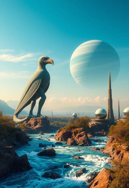 a giant alien, avian statue, with a sharp beak and eagle eyes, its clawed feet astride a fast flowing blue river with spray rising from jagged rocks, guards a valley. In the near distance several structures, tall narrow spires topped with large egg shaped crystal houses. On the horizon a giant ringed planet, its atmosphere a swirl of blues and greens, rises over an alien forest