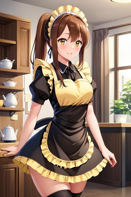 (masterpiece, best quality, highres, anime art style, pixiv), (1girl, solo, aoyama nanami, brown eyes, ponytail, maid headdress, maid, black thighhighs, skirt, short sleeves, apron, ribbon, (yellow frills)), <lora:aoyama_nanami_xl:0.7>