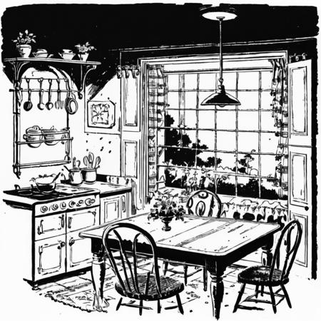 vintage clipart illustration of a lonely kitchen table scene, lit from above , black and white, commercial line art <lora:VOLK_Vintage_Clipart:1>