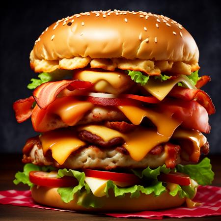 photo (QuadBurger style:1) a large hamburger with bacon, cheese, lettuce, tomato and <lora:djzQuadBurgerV21:1>