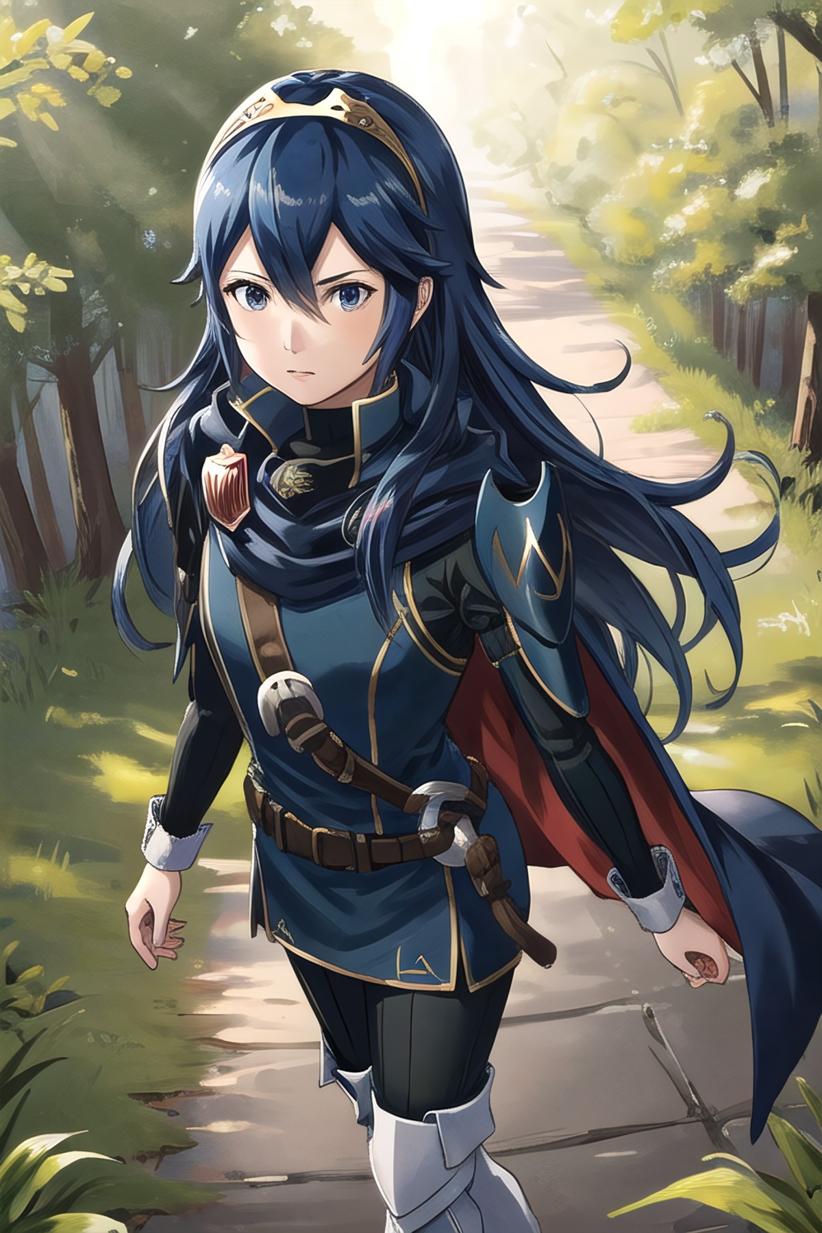 <lora:lucina-10:0.8>, lucina fe, 1girl, solo, looking at viewer, forest setting, (serious), thigh boots, leggings, armor, ...