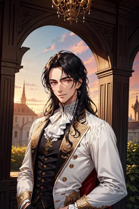 (masterpiece, best quality), 1 male, adult, handsome, tall muscular guy, broad shoulders, finely detailed eyes and detailed face, extremely detailed CG unity 8k wallpaper, intricate details, long black hair, large 18th-century baroque mansion, garden, nobleman, aristocratic, elegant, neat, graceful, sunset, scenery, smile,<lora:more_details:0.3>, <lyco:GoodHands-beta2:0.8>