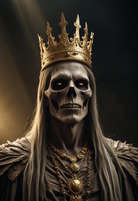 Undead king with golden crown and necklaces, golden sunrays headdress, dead white eyes, dead dry skin, dramatic lighting, photorealistic