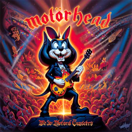 Disney animation style (Roger Rabbit:1.2) as lemmy from motörhead, playing guitar on a rock concert, motörhead_cover, record cover, ,,. Bright colors, fluid motion, charming characters, wholesome storytelling, hand-drawn animation