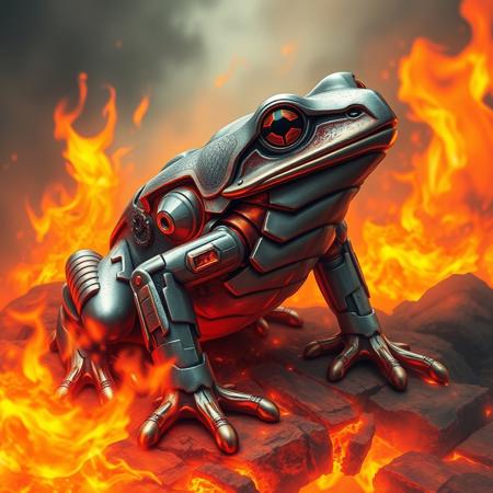 frog from hell, frog made of steel, armor, hell frog, fire, lava, magma