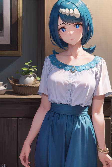 pokemonmotherlana, <lyco:pokemonmotherlana-lyco-nochekaiser:1>,
pokemonmotherlana, blue eyes, blue hair, freckles, hair ornament, long hair, swept bangs, (bright pupils:1.5),
BREAK blouse, blue skirt, bracelet, collarbone, dress, jewelry, long skirt, shirt, short sleeves, skirt, white shirt,
BREAK looking at viewer, full body, (cowboy shot:1.5),
BREAK indoors,
BREAK <lyco:GoodHands-beta2:1>, (masterpiece:1.2), best quality, high resolution, unity 8k wallpaper, (illustration:0.8), (beautiful detailed eyes:1.6), extremely detailed face, perfect lighting, extremely detailed CG, (perfect hands, perfect anatomy),