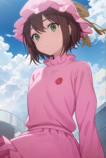 rin azuma, short hair, brown hair, (green eyes:1.3), hat, frills, dress, pink dress, pink hat, long sleeves, puffy sleeves, skirt, pink skirt,