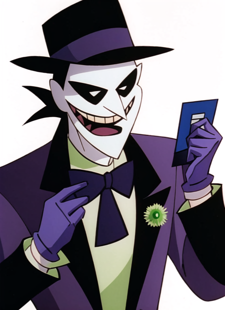 batman adventures, 1boy, joker, hat, bow, solo, male focus, jacket, bowtie, gloves, smile, shirt, purple bow, black background, purple jacket, upper body, long sleeves, green shirt, purple headwear, parody, purple bowtie, grin, purple shirt, simple background, suit, open mouth, formal, holding, black eyes, ((masterpiece)) <lora:batman_adventures_offset:1>