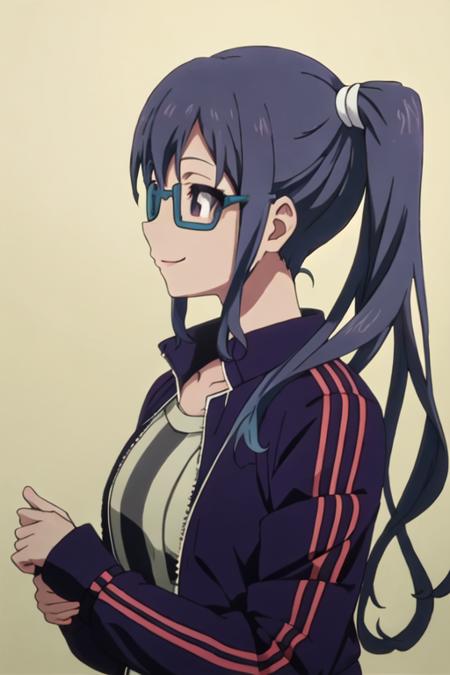 best quality, masterpiece, highres, solo, {imai_midori_shirobako:1.15}, long_hair, blue_hair, side_ponytail, 1girl, black_hair, glasses, jacket, profile, smile, track_jacket