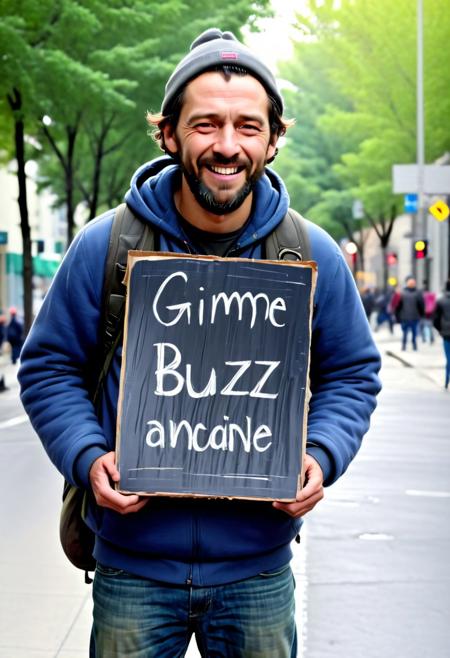 Homeless guy standing on the street ( wearing a sign, with the words written: (( Gimme BUZZ )) in it, with a frown smile on his face, High quality, realistic, 8K, UHD