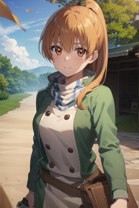 seryuuubiquitous, <lora:seryuu ubiquitous s1-lora-nochekaiser:1>,
seryuu ubiquitous, brown hair, (brown eyes:1.3), uniform, gauntlets, green uniform, military uniform, long sleeves, ponytail, long hair, smile,
BREAK ,
BREAK outdoors, nature, forest, trees, grass, sky, clouds,
BREAK looking at viewer, (cowboy shot:1.5),
BREAK <lyco:GoodHands-beta2:1>, (masterpiece:1.2), best quality, high resolution, unity 8k wallpaper, (illustration:0.8), (beautiful detailed eyes:1.6), extremely detailed face, perfect lighting, extremely detailed CG, (perfect hands, perfect anatomy),