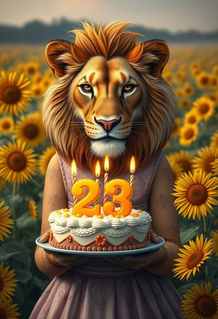 ((close-up)), 23, 23yo, A beautiful (anthropomorphic happy lioness:1.25), (lioness face), wearing a beautiful detailed dress and holding a birthday cake (with two lit candles in the shape of the number 23), in a field of sunflowers, masterpiece, high quality, 80s Dark fantasty style,8k, 4k, HD, detailed, realistic, full shot,