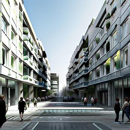 modern appartement in a busy street in brussels, in front of the appartment is a square where people are walking around, the appartment has a glass facade and is standing on collumns