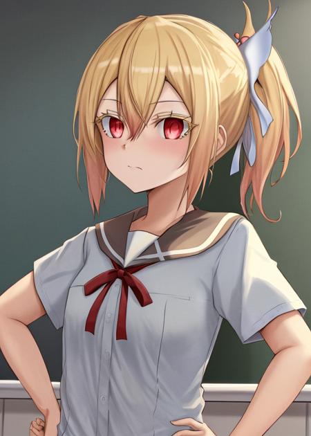 <lora:Fuyou_Yuuna-10:0.8>,Fuyou_Yuuna, 1girl, solo, blonde hair, hair ornament,red eyes,thick eyelashes, hair between eyes,school uniform,hair ribbon,white shirt, short sleeves, serafuku, side ponytail, red ribbon, neck ribbon,white ribbon,