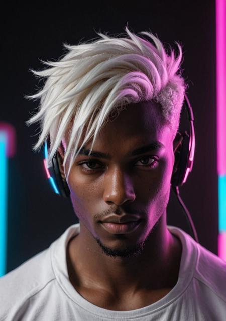 a black young man Full body with white hair. Face shot. Full white clothes. cocky face. VR headset. Cyberpunk. glowing pink lights. dark background