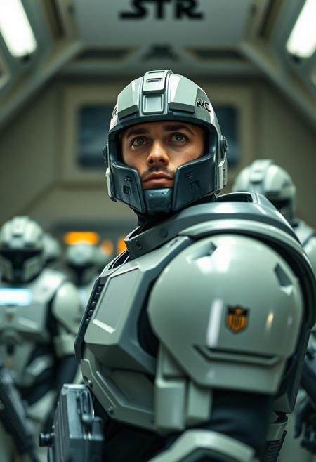 A distant future Spartan commander stands tall, gazing out at a line of battle-hardened warriors clad in cutting-edge armor and wielding advanced weaponry. The camera zooms in on the commander's determined face, framed by the sleek lines of their own futuristic suit. A faint hum of machinery and soft glow of console screens emanate from the soldiers behind, as the commander's voice carries over the sterile environment.