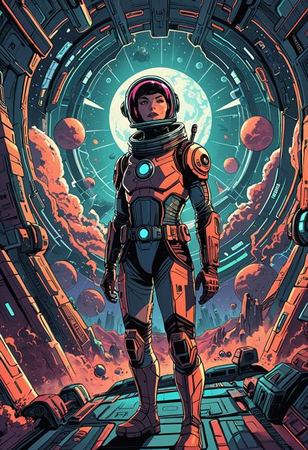 comic <lora:Beeple_retrofuturism-000005:1>,Beeple style,retrofuturism, . graphic illustration, comic art, graphic novel art, vibrant, highly detailed