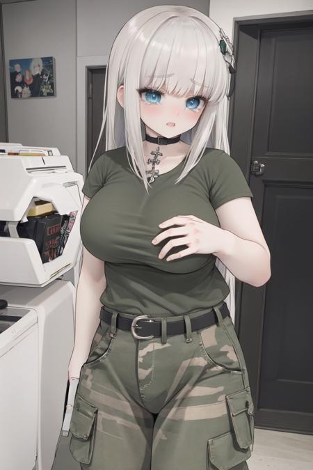 bootsnutes, <lora:bootsnutes3:0.6>, shirt tucked in, green shirt, t-shirt, camouflage pants, black belt, belt buckle,  <lora:reihatada:0.6>, rei hatada, white hair, blue eyes, hair ornament, large breasts, wide hips, crying