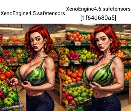 Christina Hendricks is buying (melons ) at the Grocery Store, Produce Section, lots of melons and other fruits and vegetables, add_detail,