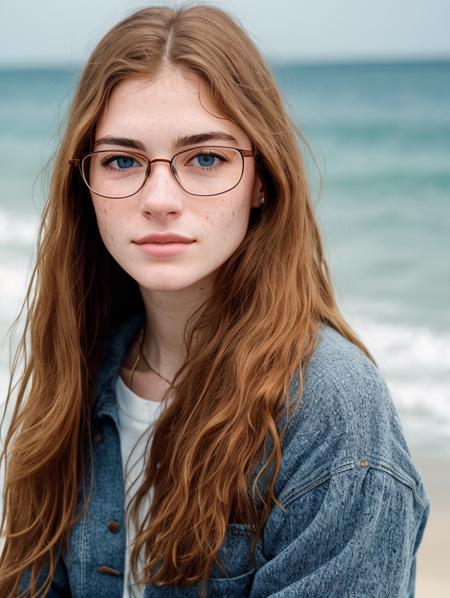 a portrait photo of jane_noexist wearing glasses, straight hair, (freckles:0.9), on a beach