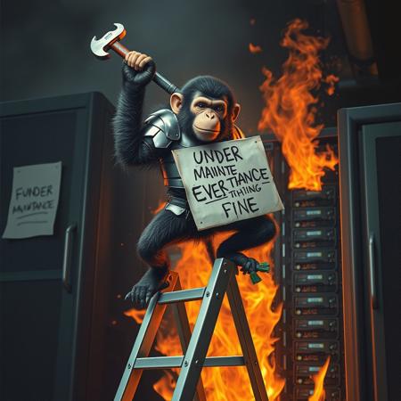 realistic, realism, surreal, monkey in armor holding a wrench, breakdancing on step ladder, in front of burning server machine, server is on fire. (a paper sign on ladder say "UNDER MAINTENANCE, EVERYTHING IS FINE")