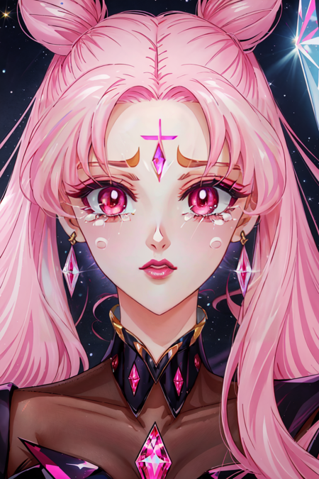 Dark_Lady, 1girl, solo, red eyes, twintails, jewelry, pink hair, earrings, tears, hair bun, double bun, makeup, facial mark, lipstick, crescent, portrait,  forehead mark, cone hair bun, crescent facial mark, crystal earrings, <lora:BlackLady:0.5> <lora:Naoko_Takeuchi-08-NAI:0.75>