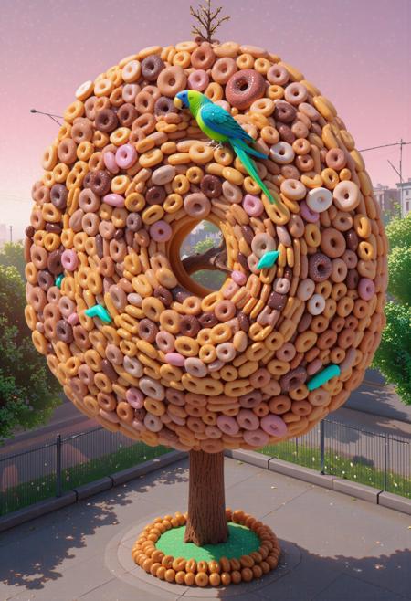 exquisite Technical illustration, Cyan city street with Mulberry, Rule of Thirds, aerial shot of a Secret Mature (d0nu71f13d,made of doughnuts,score_9, score_8_up, score_7_up, score_6_up, a parrot on the tree, made entirely of donuts:1.3) , Golden ratio, complex Agfacolor background, at Sunset, equirectangular 360, Flustered, Fairy Kei, hair light, Zoom lens, psychedelic colors, Dota style, Kintsugi, award winning, extremely beautiful, digital art