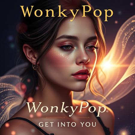 high quality design aesthetics, soulful, introspective, emotive, detailed, pop album cover, young white woman, artist name "WonkyPop", album title "Get Into You", sparkle, glitter, glow, lens flares, flowing shapes