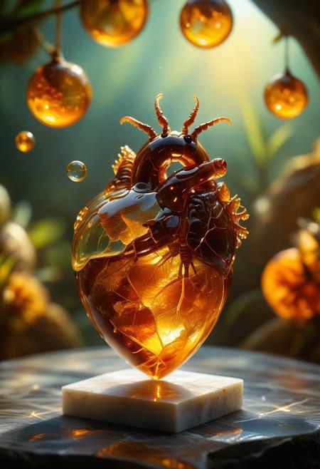 improved cinematic photo, 35mm photograph, film, professional, 4k, highly detailed,
An amber fragment enclosing a Human Heart,
The amber fragment is a smooth, slightly irregular sphere, roughly the size of a marble, with a warm golden-brown hue. Its surface is polished, gleaming softly under light, revealing a mesmerizing play of golden, honey, and orange tones. Tiny air bubbles and organic inclusions are scattered throughout, lending it a sense of antiquity and natural complexity.
Inside, a perfectly preserved Human Heart lies suspended in time, its delicate body encased in the translucent amber.
Around the Human Heart, subtle striations and minute organic fragments, possibly plant material or dust, create a vignette that frames the insect. The amber’s clarity varies in places, with some sections slightly cloudy, further accentuating the Human Heart as the focal point. The fragment feels timeless, a tiny time capsule offering a glimpse into a prehistoric world millions of years ago