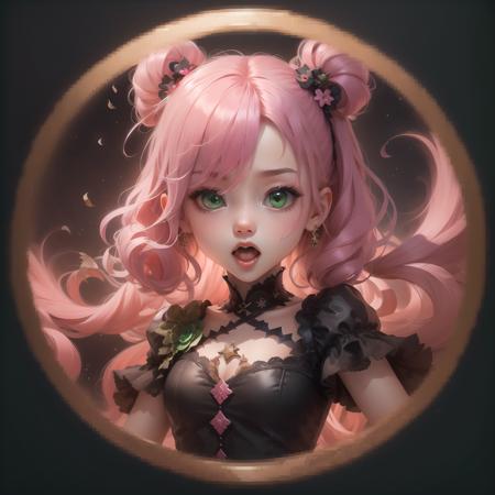 <lora:logo&icon1.5v2:1>icon, circle frame, anya \(spy x family\), 1female child,green eyes,pink hair, solo, open mouth, black dress, dress, simple background,