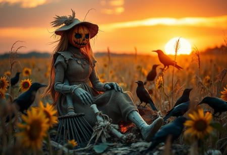 captivating female scarecrow figure in an autumnal field, aged burlap and straw body, patchwork dress, pumpkin mask face, sits among sunflowers, corn, and roots, surrounded by crows, with an old rake beside her, wearing worn gloves, and barefoot in the golden fields under a blazing sunset. Macro photography. Dreamlike, eerie bio-luminescence, dark wispy foliage, fantastical bone and feather embellishments, delicate textures, warm golden light, cool, desaturated colors.regexpaccess tamp Post-Apocalyptic       Dark fantasy art Enchanted realism Surrealism Intricate, detailed, large-scale sculpture Mesmerizing, ornate,
 Add a few glowing embers or sparks floating in the air around the figure, as if some unseen force or fire is burning in the distance, adding to the sense of dark magic or ritual.