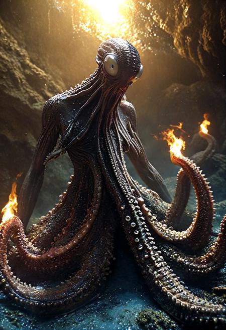 The remains of the ancient demon god.
This was a monster whose body was unimaginably large, its appearance was like an octopus, its body almost filled the entire sea trench, its body was not complete, spreading out bite marks.
It only had a single gray-white eye embedded on its head covered with scales, when the firelight lit up, in this deep and quiet sea, the distance between him and it did not exceed a hundred zhang.
The gray-white eye stared at him silently, as if staring at a speck of dust in the air.
This was the difference in physical form between the two sides.
He relied on the firelight to slowly go out, discovering that this monster should have had more than ten tentacles, but they had long been torn off.
It had long since died, and had been dead for countless years.
concept-art, lovecraftian horror, eldritch, cosmic horror, unknown, mysterious, surreal, 
eerie, unsettling, dark, spooky, suspenseful, grim,  fantasy, beautiful, painterly, detailed, textural, artistic, aesthetic, intricate details, highly detailed, ultra-detailed, absurdres, unreal engine, octane rendering, high saturation, high contrast, vivid, vibrant, volumetric lighting, sharp focus, 
aid291, midjourneyv6.1,