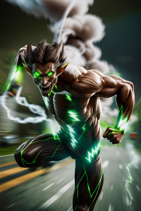 <lora:Superspeed_running-10:0.85>, superspeed,  1 guy running, lightling, motionblur, incoming, <lora:Attack_Titan-10:0.85> Attack_titan, teeth, black hair, green eyes, glowing eyes, pointy ears, glowing, muscular, sharp teeth, brown hair, abs, giant, smoke,