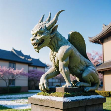 (designed by Osamu Tezuka:0.7) and (Shotaro Ishinomori:0.7) , anime key visual, stylized, side-profile of a Elegant Sakura ("Lumengrid Gargoyle":1.3) , Calming Apartment in background, winter flower field and grass, Snowing, equirectangular 360, Vivid, Suffering, Health Goth Art, Gel lighting, F/1.8, Kodak portra, dynamic composition, Complex background, dslr, ultra high res