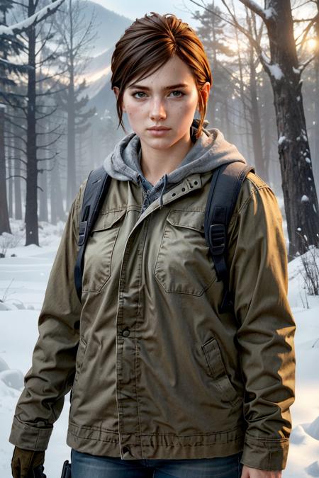 (masterpiece, best quality:1.3)
<lora:add_detail:0.7> <lora:epi_noiseoffset2:1> <lora:EllieTLOU2:0.7>
EllieTLOU2, 1girl, solo, short hair, brown hair, Winter Gear, Snowy Forest, Sunrise, Pink and Purple Light detailed, centered, digital painting, artstation, concept art, donato g